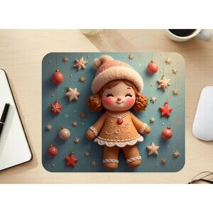 Adorable mouse pad featuring a cute Christmas gingerbread doll design with stars